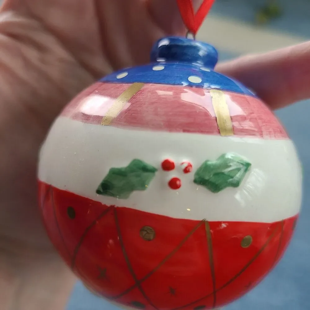 Vintage Hand-Painted Handmade Ceramic Christmas Ornament Holly Berry Red Ribbon